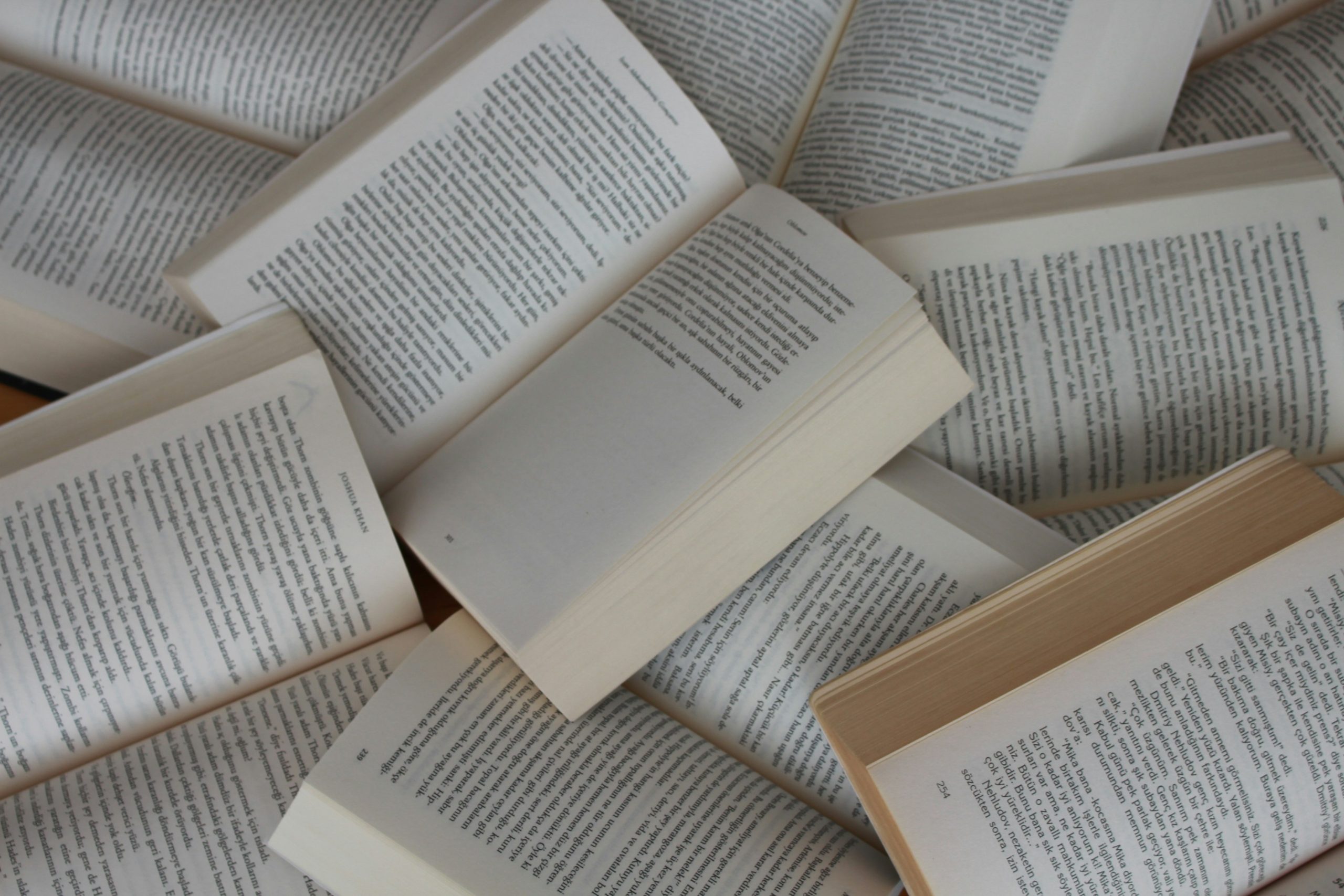 A spread of open books.